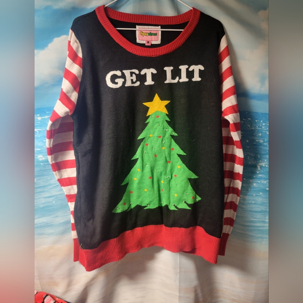 Tipsy Elves Black Red Green "Get Lit" Christmas Tree Sweater